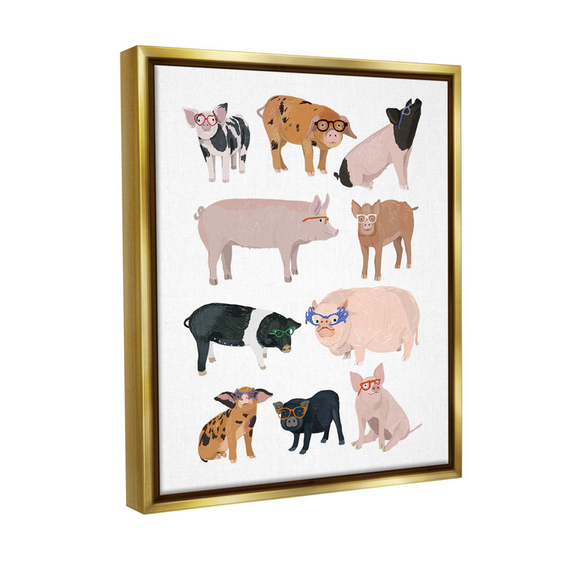 "Hipster Pigs In Glasses" par Hanna Melin sur toile, Cadre flottant métallique doré, H 21 po x l 17 po