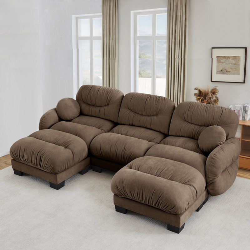 Canapé modulaire confortable en tissu de chenille plissé 3 places avec siège ergonomique en mousse haute densité, canapé modulaire en forme de U avec 2 repose-pieds, accoudoirs arrondis arrondis et 2 coussins décoratifs ronds, brun