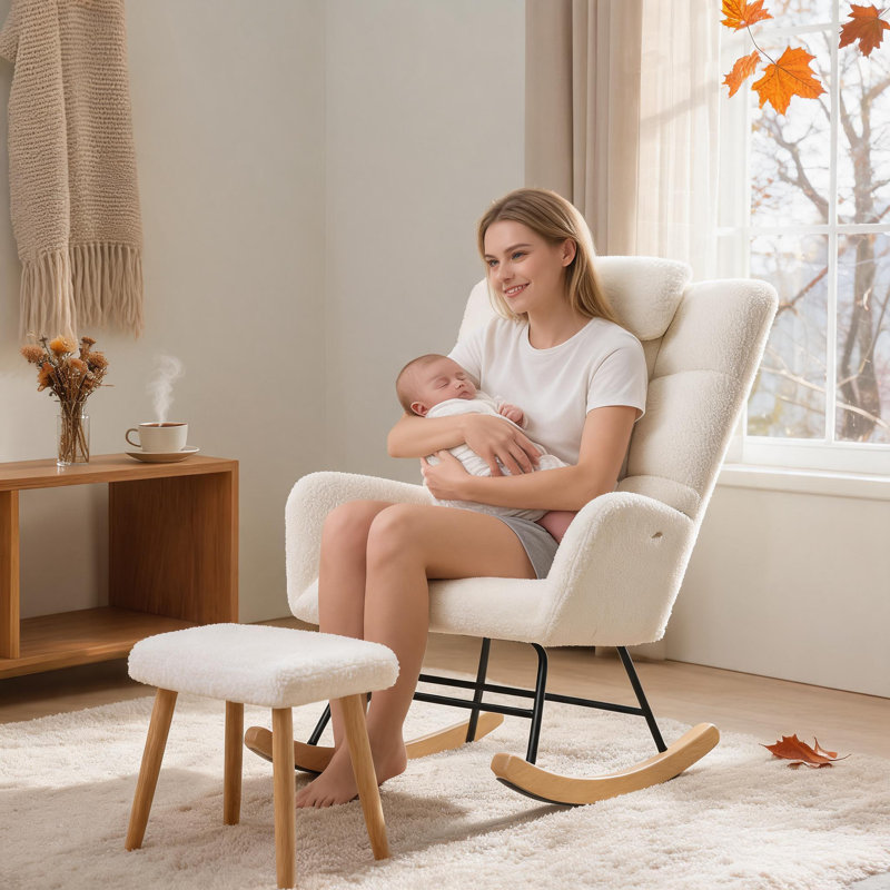 Fauteuil à bascule avec repose-pieds, fauteuil à bascule confortable avec dossier haut et siège rembourré, fauteuil d'appoint pour chambre d'enfant, salon, chambre à coucher, bureau, petits espaces intérieurs