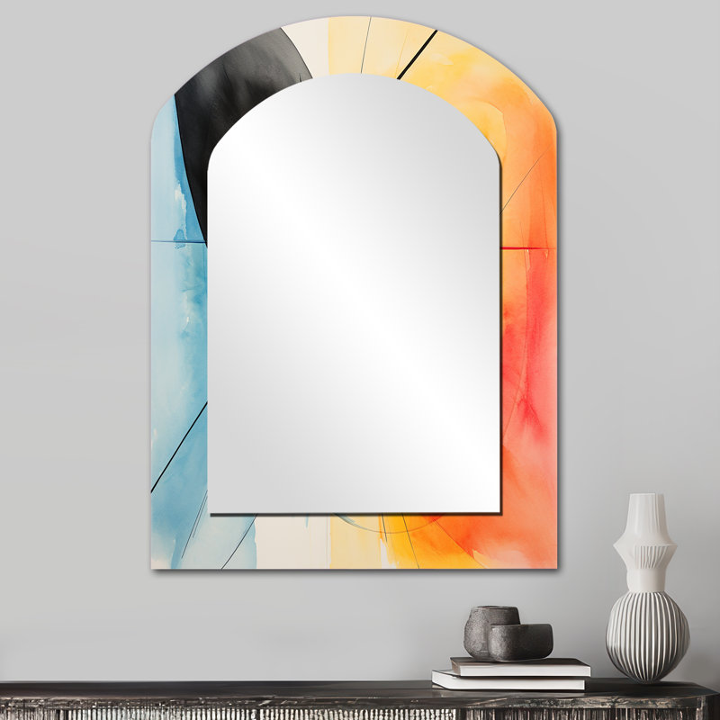 Motif géométrique de couleurs douces IV - Miroir mural géométrique arqué, grand miroir asymétrique noir, impression sur métal