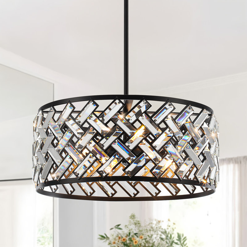 5 - Light Modern Dimmable Black Drum Crystal Chandelier,  Adjustable Height Pendant Light Fixture For Kitchen Island Dining Room Entryway