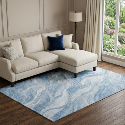 10' X 14' Blue And Ivory Abstract Washable Area Rug With UV Protection