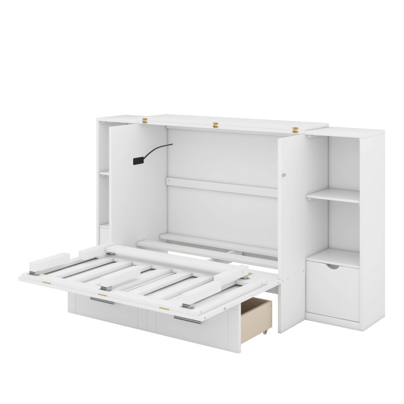 Grand lit escamotable avec tablettes, tiroirs et port USB, Blanc