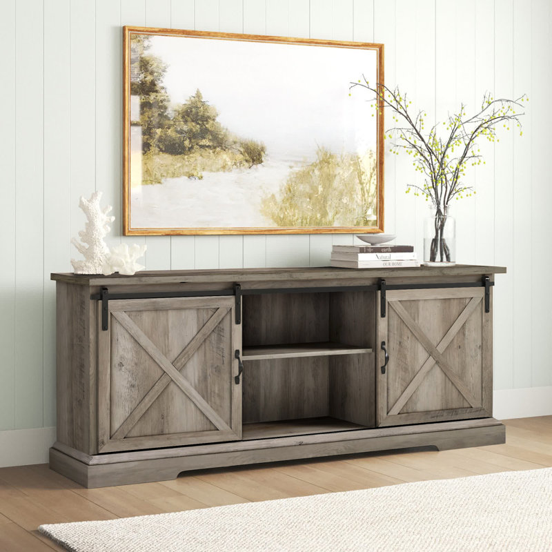 Carterton Sliding Door TV Stand for TVs, Gray Wash, 28" H x 70" L x 16" W