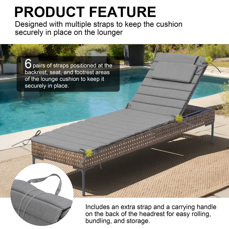 72‘’ L  Outdoor Chaise Lounge Seat / Back Cushion, Gray, 21" W x 72" D