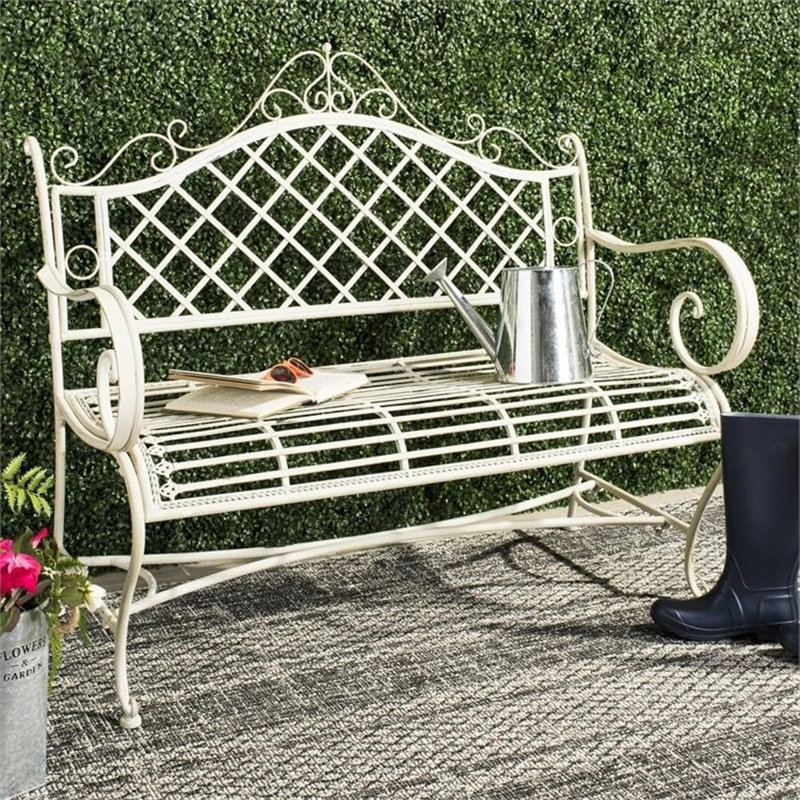 Banc de jardin extérieur en fer forgé blanc antique