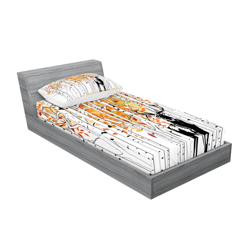 Drap-housse et coussin décoratif Ambesonne Deer, orange, vert et blanc, Ensemble de draps pour lit simple + deux taies d'o