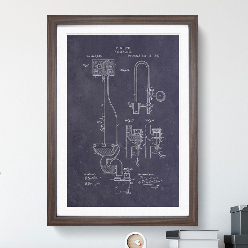 Toilet Water Closet Patent Dark - Picture Frame Graphic Art, Walnut, 36cm H x 27cm W x 2cm D