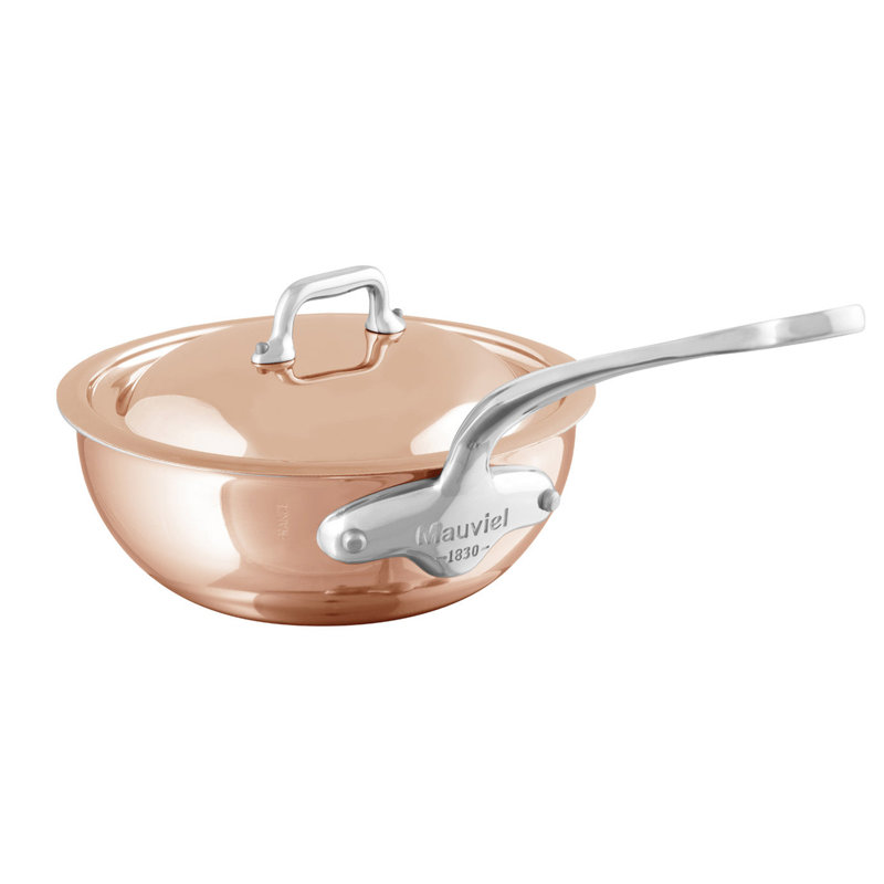 Mauviel M'6 S Copper Curved Splayed Saute Pan With Lid, Cast Stainless Steel Handle, 2.1-Qt, 9.4", Copper/Stainless