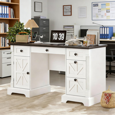 55" Farmhouse Writing Desk with 5 Drawers & Charging Station,White Computer Desk with Hidden Cabinet for Study