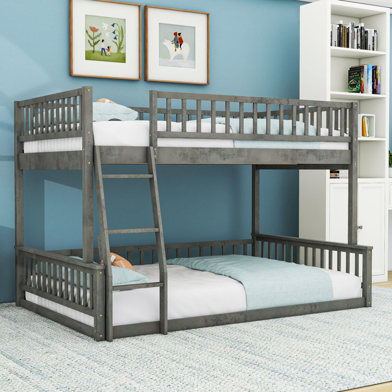 Full XL Over Queen Wood Bunk Bed With Guardrails, Detachable Design, Gray