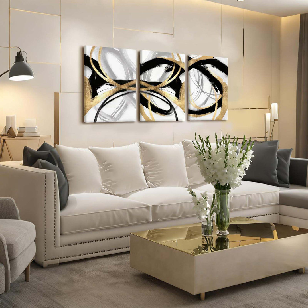 3Pcs Framed Black And Gold Canvas Wall Art For Living Room, Abstract Black And Gold Poster Print Wall Decor, Modern Minimalist Line Artwork For Office