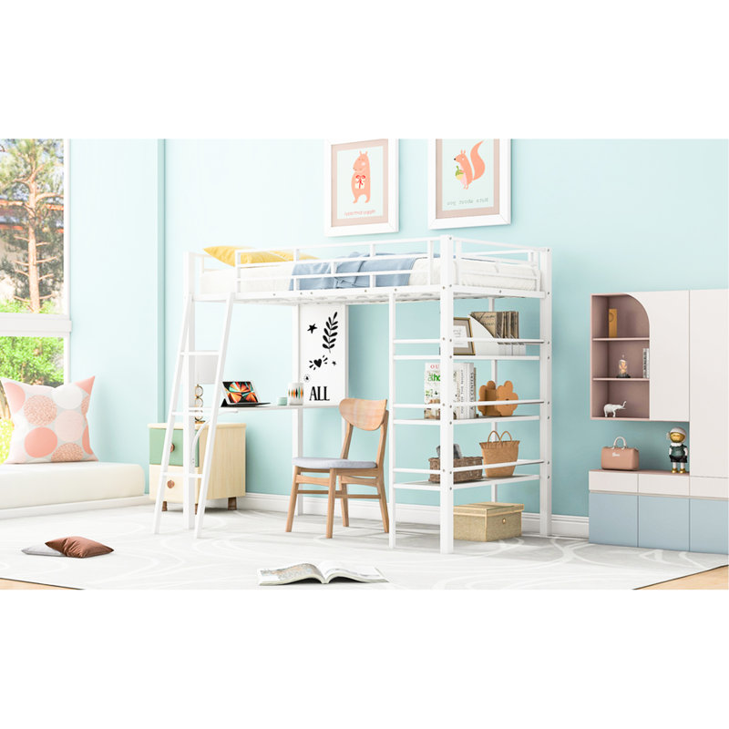 Lit mezzanine simple en métal blanc avec tablettes à 3 couches et bureau - Maximisez l'espace de votre chambre à coucher avec 3 couches de design moderne