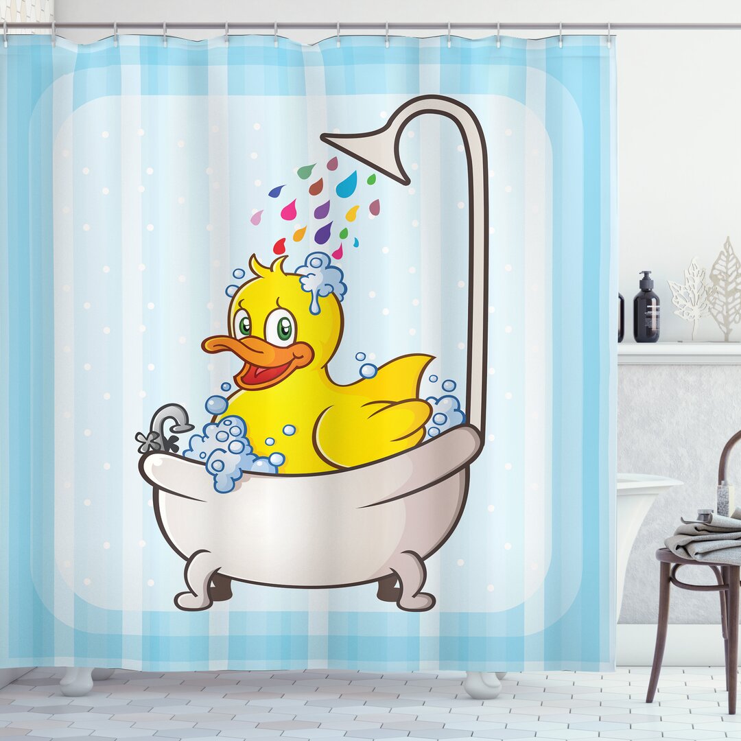 Duschvorhang, Karikatur-Maskottchen in der Badewanne, Ente, Mehrfarbig