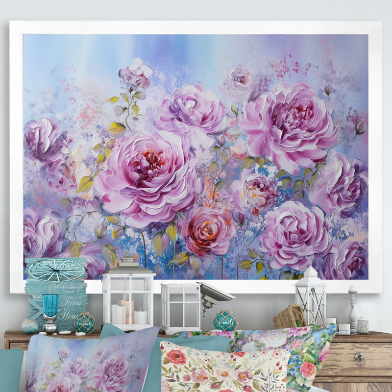 Fleurs roses mauves - art mural sur toile avec champ de fleurs, Cadre simple blanc, H 24 po x l 32 po x P 1 po