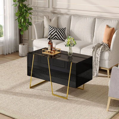 Table basse 47,2 "moderne rectangulaire ultrabrillante pour le salon avec rangement et base dorée 4 tiroirs