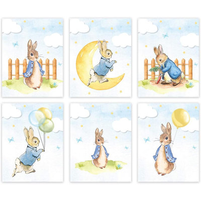 Peter Rabbit Boys Theme Nursery Kids Bedroom Unframed Hanging Wall Art Poster Room Decor, 8.5x11-inch, Watercolor Blue Graphics, 6-Pack