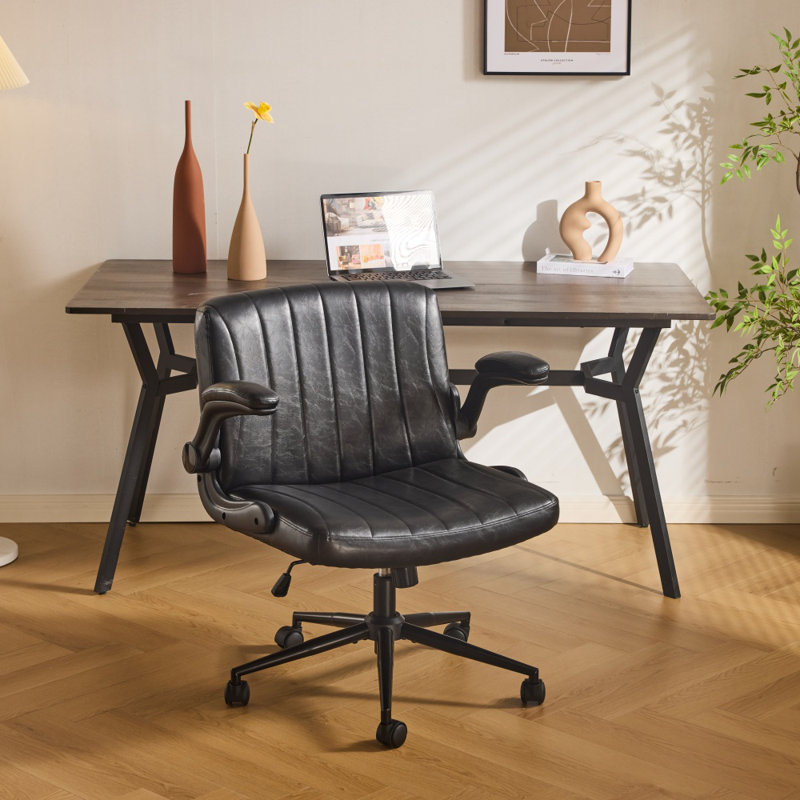 Oil-Waxed Leather Swivel Chair With Flip-Up Armrests, Black