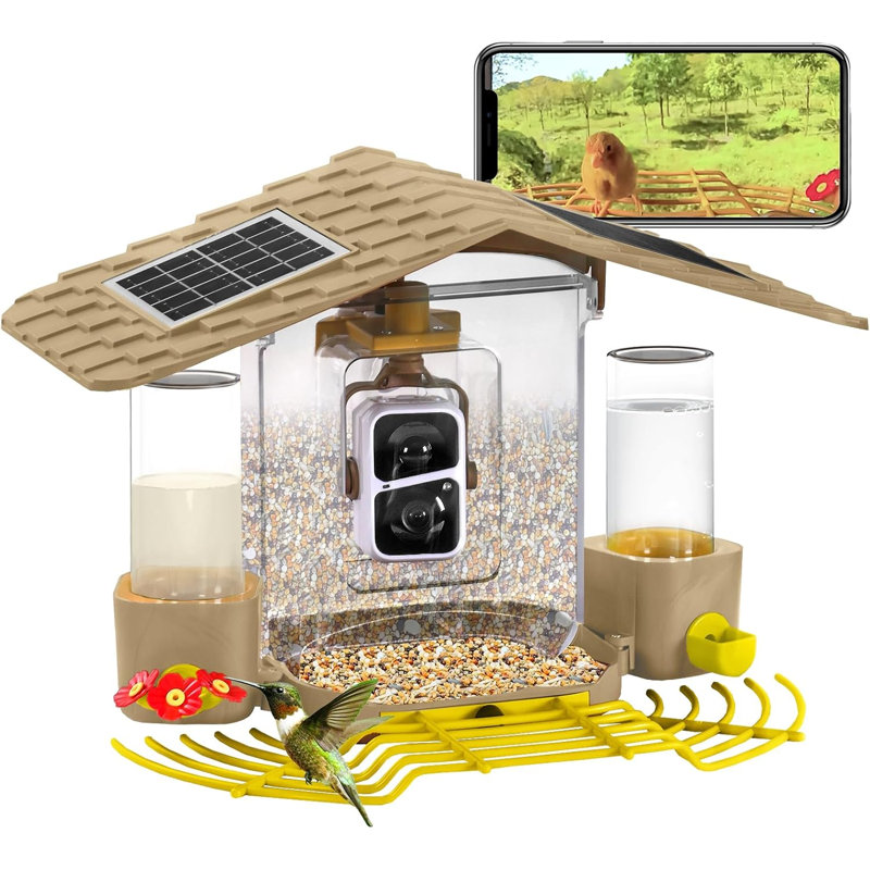 Mangeoire pour oiseaux avec alimentation solaire, miel et eau Camare, Brun