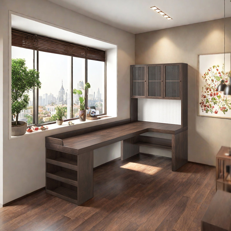 Bureau en L entièrement en bois massif avec bibliothèque intégrée, H 72,83 po x l 70,87 po x P 47,24 po