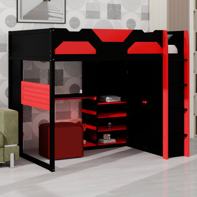Lit mezzanine moderne en bois avec bureau intégré, tablettes de rangement et port USB