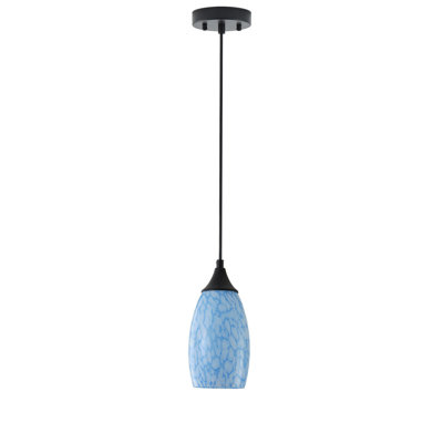 Modern 1-Light Mini Pendant, Matte Black Finish, Hand-Blown Blue Art Glass Shade, Adjustable 59.06" Chain, E26 Base, Dimmable, ETL Listed