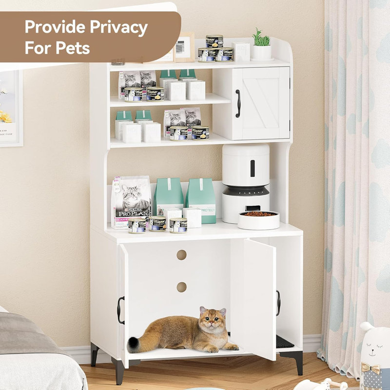 Enceinte de litière pour chat 52 po blanche avec tablettes et portes, Blanc