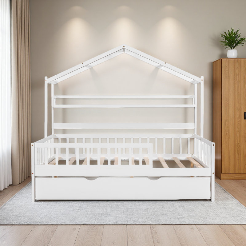Lit en bois avec couchette, lit pour enfant avec tablette, Lit double