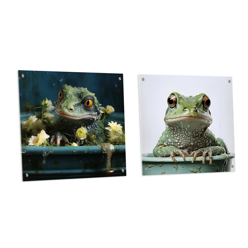 «Bathroom Geckos Green Soak», ensemble de 2 peintures murales en acrylique pour salle de bain, H 36 po x l 73 po