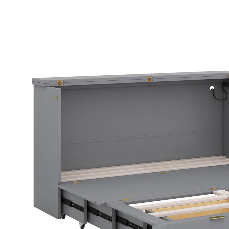 Grand lit escamotable avec tiroir et un ensemble de prises et de ports USB, gris