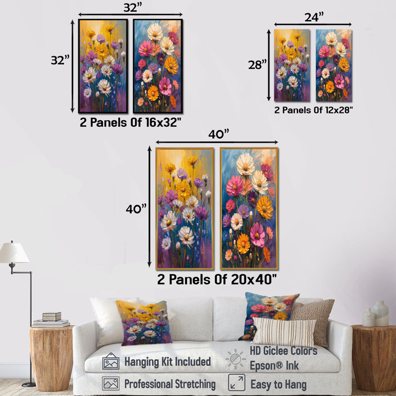 Ensemble de 2 pièces d'art mural pissenlit blanc et mauve, Toile tendue, H 28 po x l 24 po