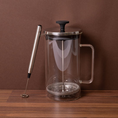 2pc Cafetière Set with 8-Cup Glass Cafetière and Battery Operated Handheld Milk Frother