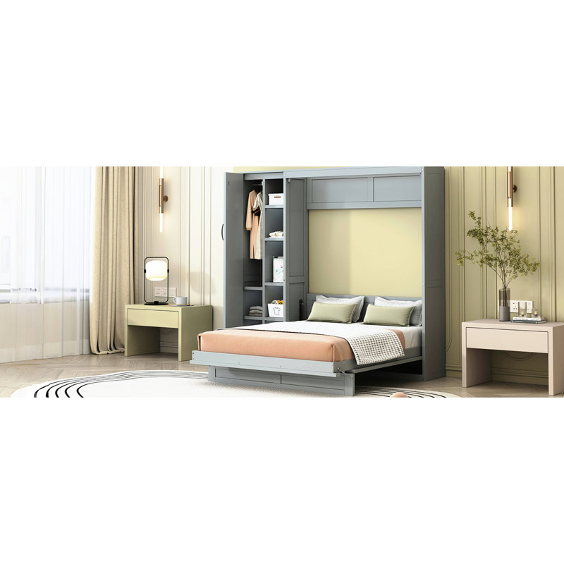 Lit avec lumières à DEL, tablettes, garde-robe - gris, Lit double, Gris