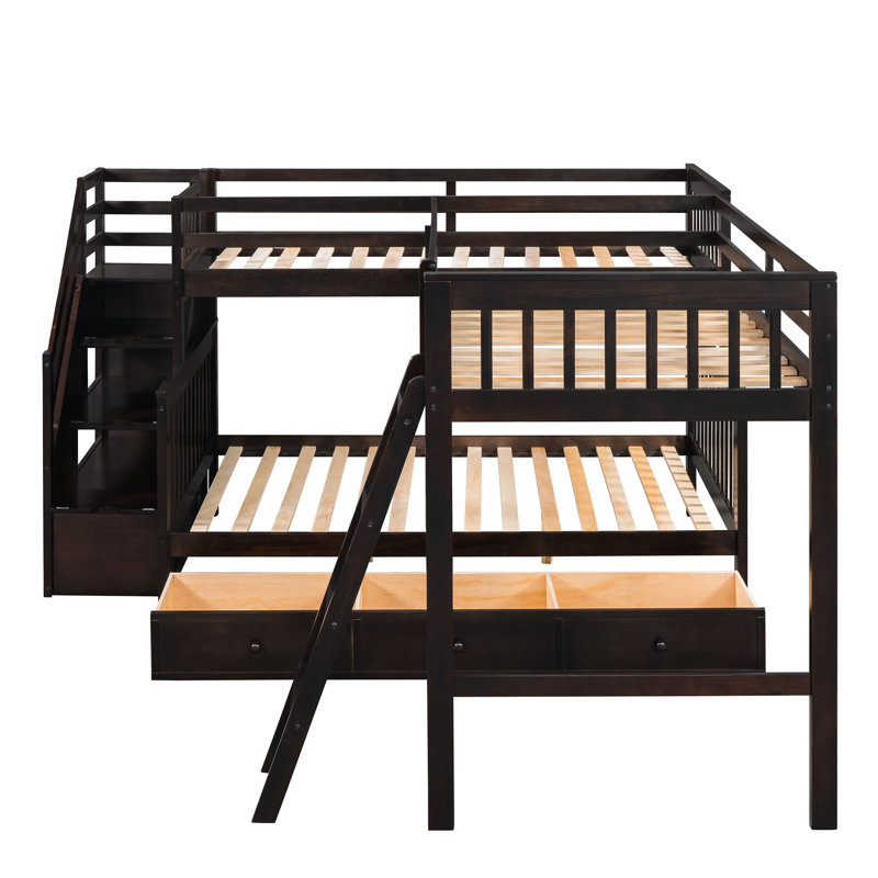 Lit superposé simple au dessus d'un lit double en L avec 3 tiroirs, échelle et escalier - Espresso, Espresso