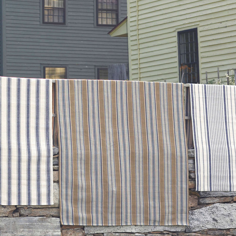 Blue Heron Stripe Handwoven Cotton Rug, Rectangle 7'6" x 9'6"