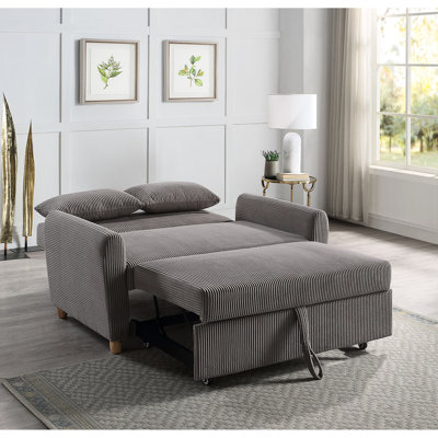 Canapé-lit en velours côtelé brun de 54 pouces de largeur, largeur de 44 pouces, profondeur de 74 pouces, 2 coussins décoratifs, hauteur de siège de 17,5 pouces, dossier de 22 pouces, siège de 2,75 pouces, pieds en bois au fini naturel, assise en mousse complète