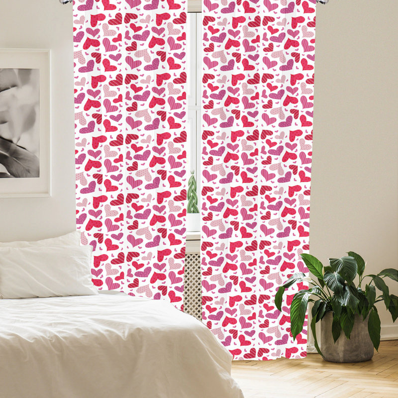 Coral and Pink Heart Pattern Room-Darkening Polyester Curtain Panels