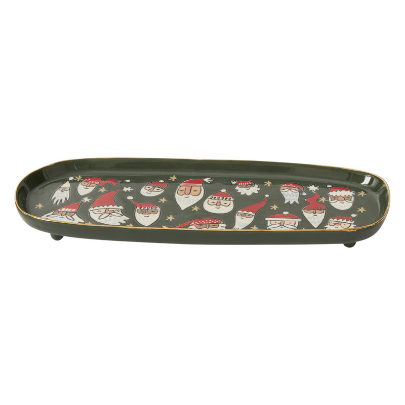Oval Green Ceramic Serving Tray with Santa Design