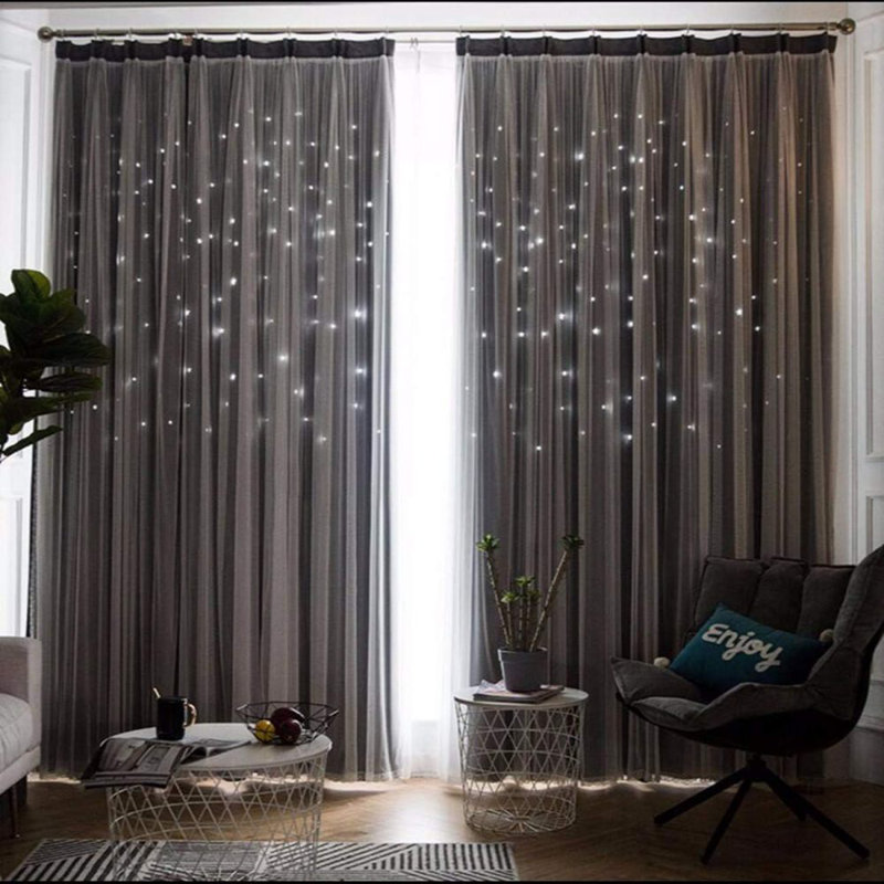 2 Panel Hollow-Out Stars Window Curtain Star Curtains for Bedroom Star Hollow Out Blackout Curtains for Room Decor Double Layer Cut Out Window Curtains 39.5W x 80L