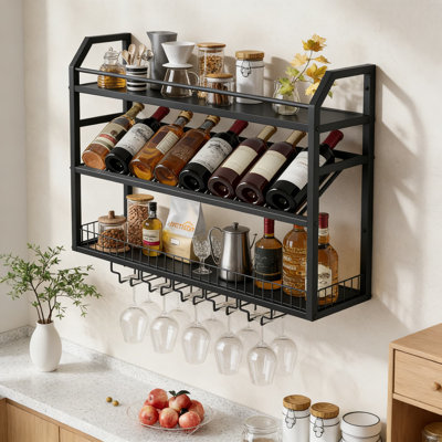 Support à vin mural avec porte-verre, étagère de rangement à plusieurs niveaux pour bouteilles de vin, spiritueux et articles de bar, présentoir peu encombrant pour bar à domicile, cuisine ou salle à manger
