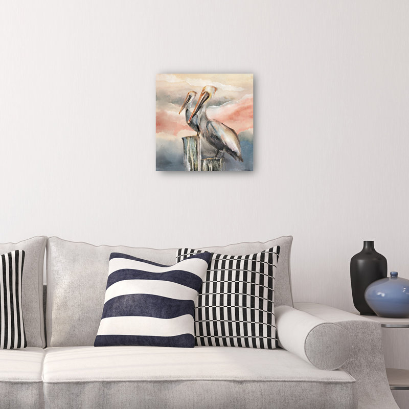 Pelicans at Dusk Large Gray and Pink Canvas Art Print