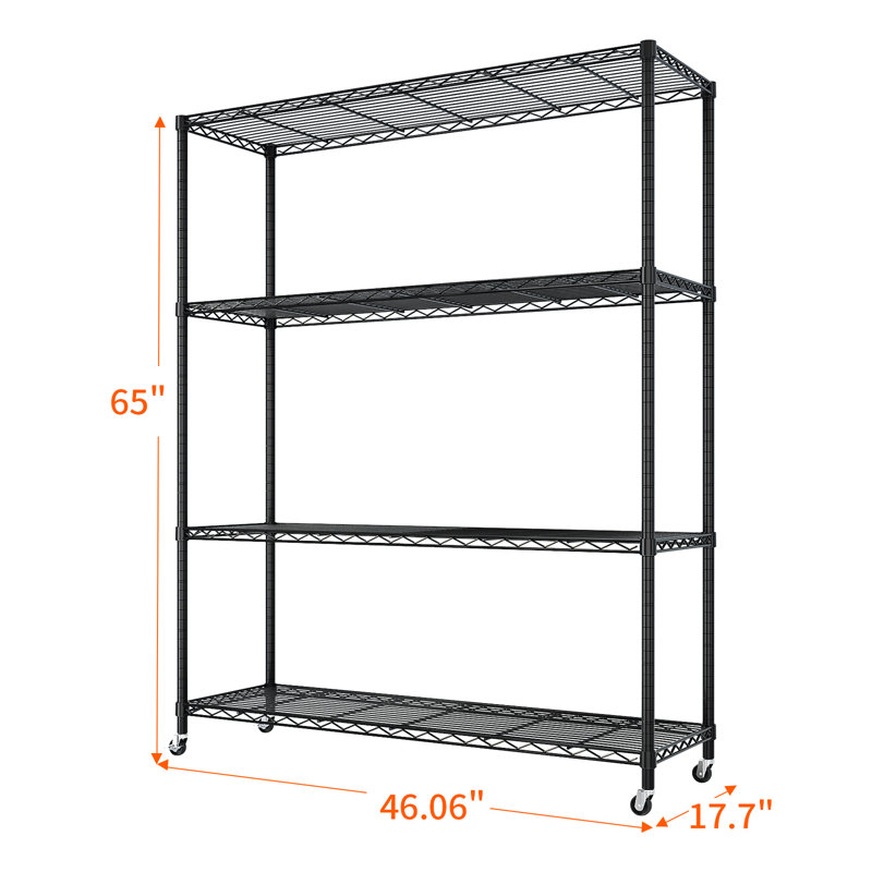 Heavy Duty Storage Adjustable Metal Shelves Wire Shelving Unit With Wheels 1200LBS NSF, 64.96" H x 46.06" W x 17.72" D, Black