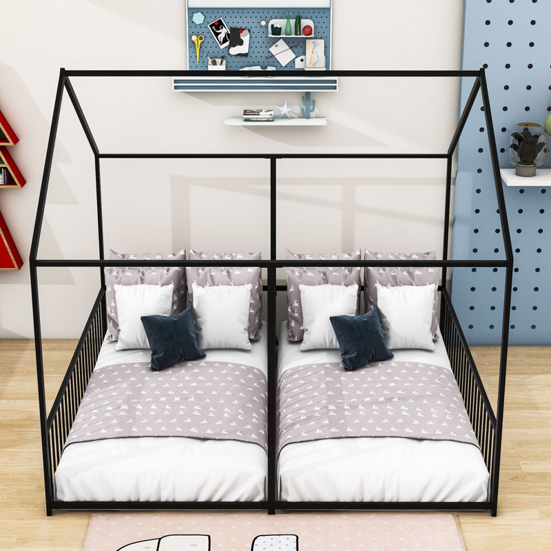 Twin And Twin Metal House Platform Beds With Fence, Black