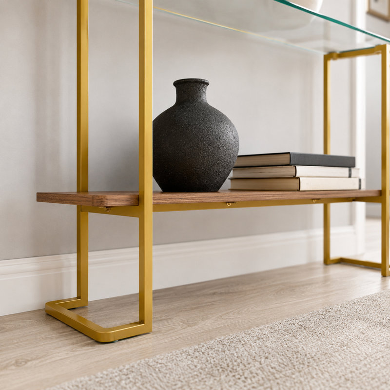 Canapé à niveaux et console avec rangement, entrée moderne en bois de verre