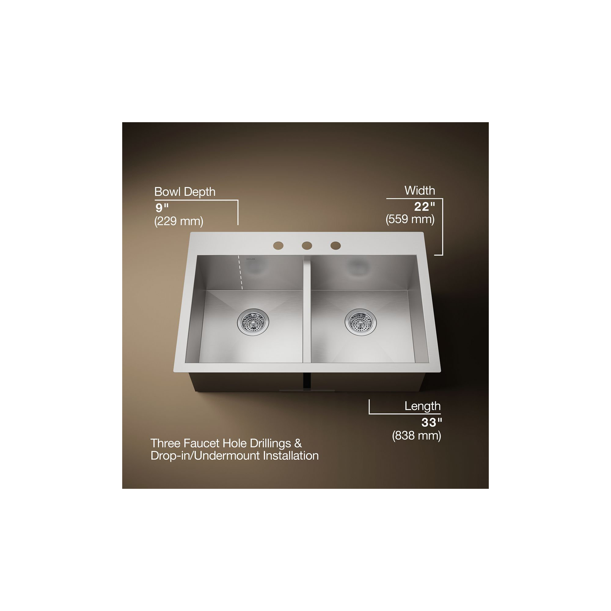 Vault Double Bowl Kitchen Sink with Single Faucet Hole, 3 Holes