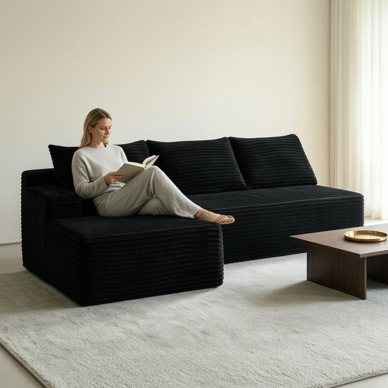 Canapé modulaire en L 96 po, Velours côtelé noir, Orienté vers la gauche