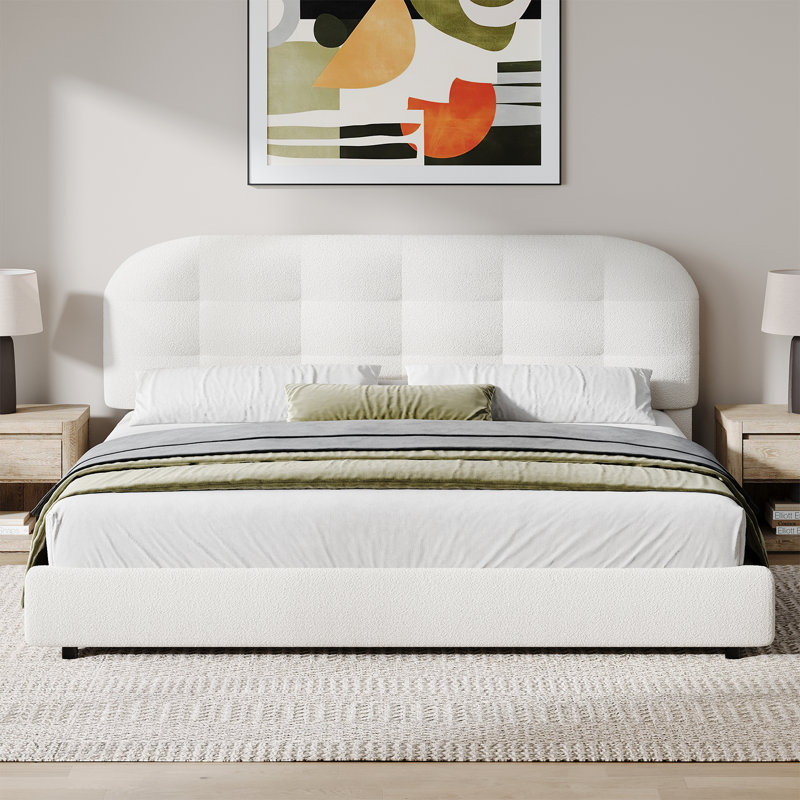 Boucle Upholstered Platform Bed with Headboard, Cloud Bed Frame, Soft Rounded Corners, White, King