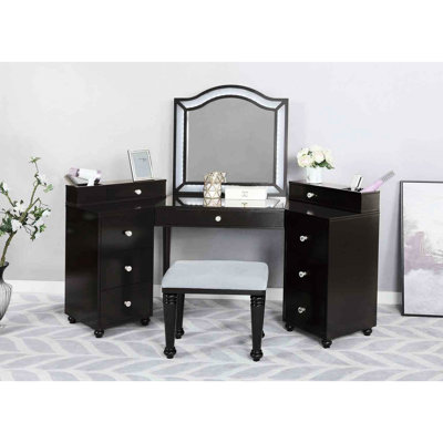 1Pc Vanity Stool , 8Mm Glass, Led Mirror, Storage Drawers, Gray Finish For Bedroom Use With Stool, Tempered
