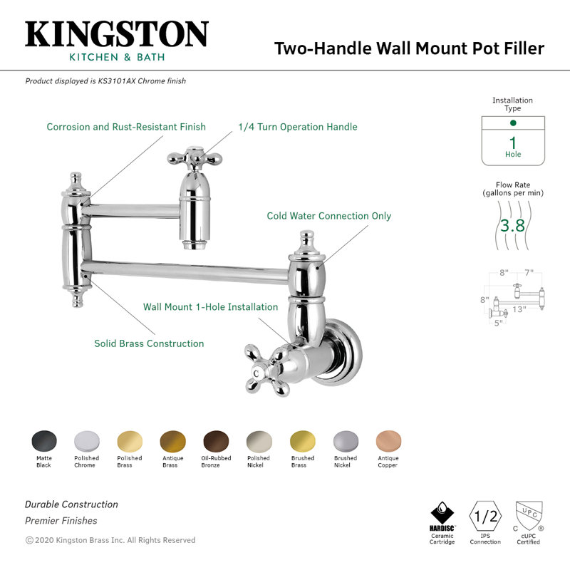Kingston Brass Restoration Two-Handle 1-Hole Wall Mount Pot Filler Faucet, Brushed Nickel