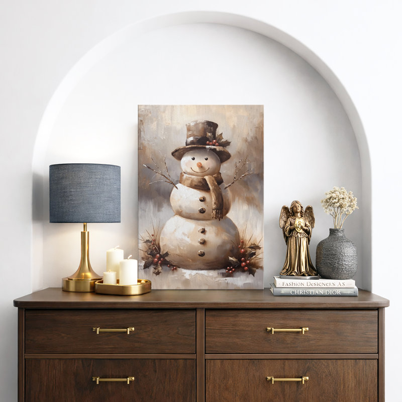 Charming Snowman Smiling Snowman with Scarf and Top Hat Decor Illustration Modern Art Warm, Wrapped Canvas, 24" H x 16" W